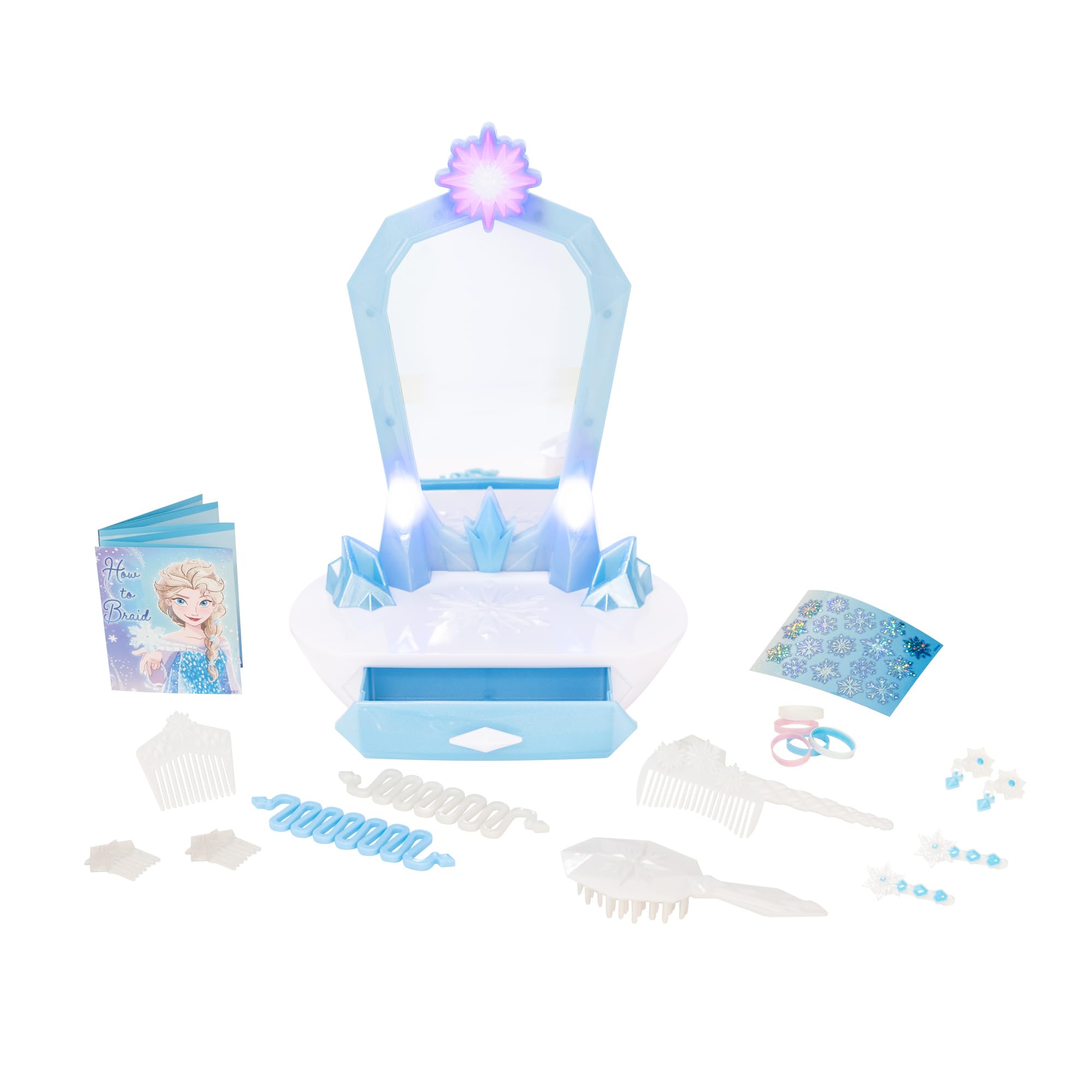 Disney Frozen Icy Table Top Vanity Tocador de Mesa Frozen con Licencia Jakks Pacific con Luces y Sonidos interactivos, Incluye guía para Hacer la Trenza de Elsa y Accesorios de Cabello