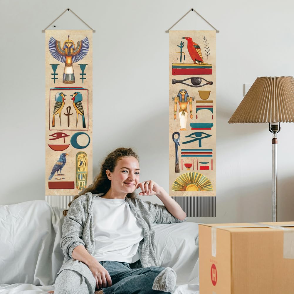AHANDMAKER 2 tapices con temática egipcia, faraón y jeroglíficos para colgar en la pared, tapiz de pared con borlas, decoración estética mística para dormitorio y sala de estar (45.7 x 13 pulgadas)
