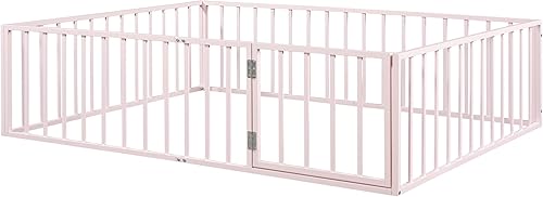 Miniatura 5 de Cama moderna de tamaño Queen, marco de cama de metal con valla y puerta, cama de suelo versátil para niños, adolescentes, adultos, niños y niñas,