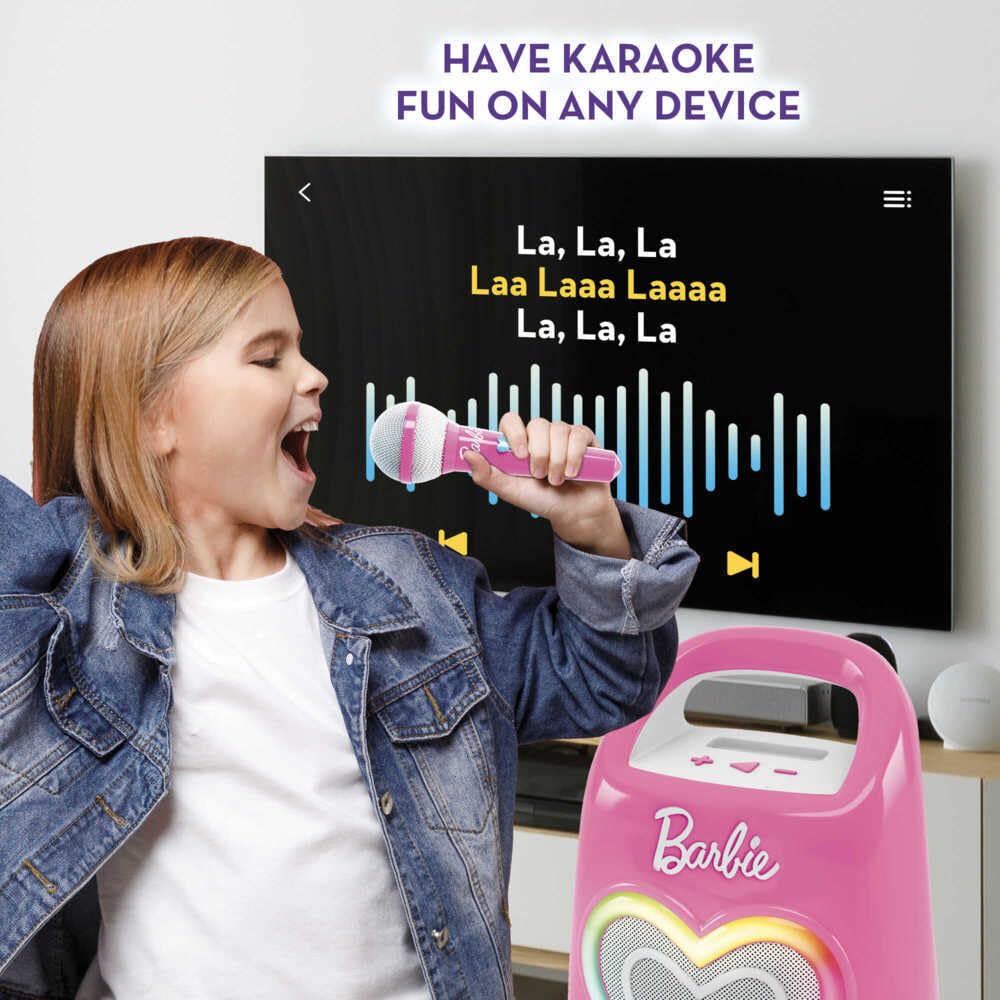 Lisciani - BARBIE PARTYMAKER - Altavoz y Micrófono High Tech - Karaoke para Niños a partir de 4 años - Micrófono y Altavoz Bluetooth - Conectividad con Smartphone - Efectos de luz - Música y Fiesta
