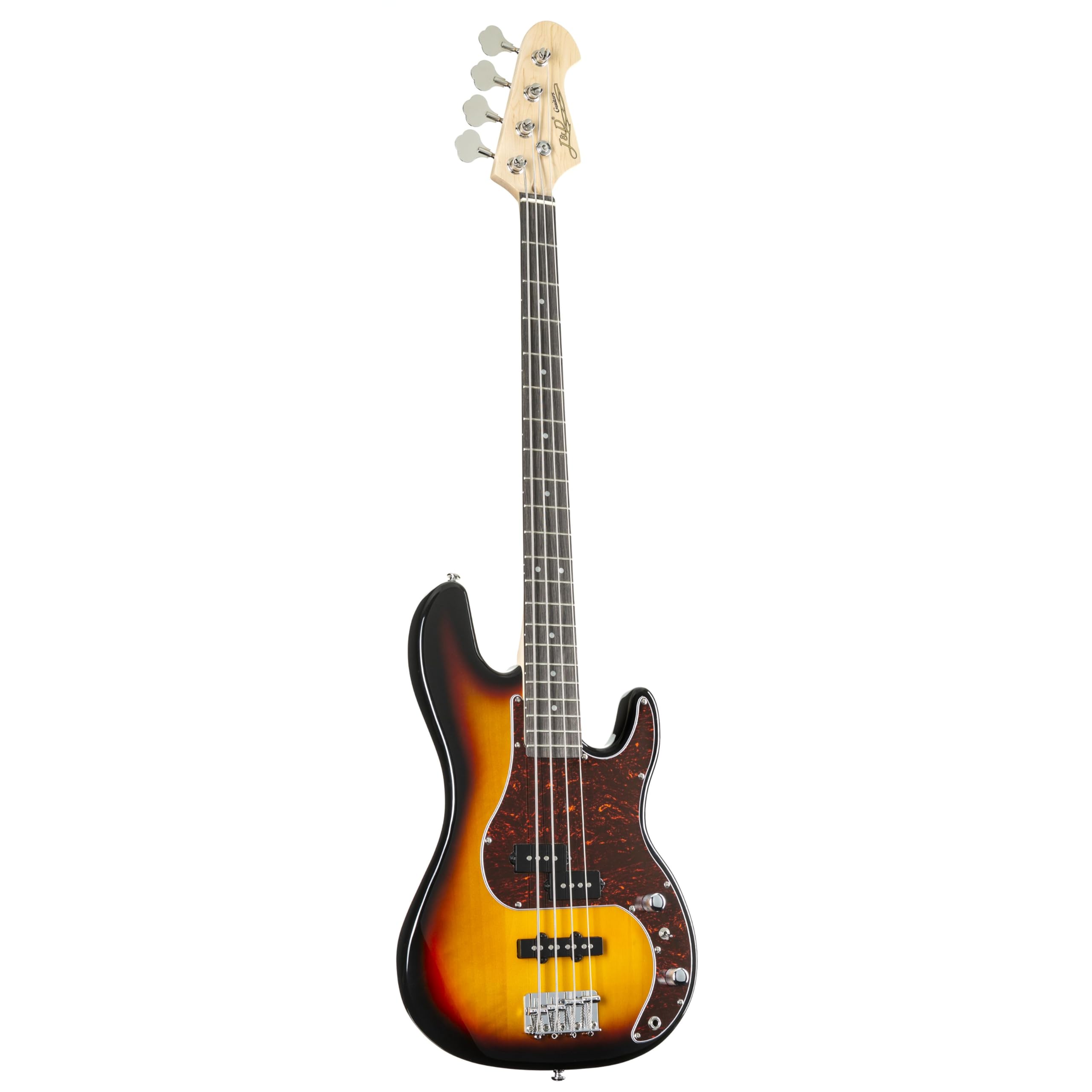 J & D E-Bass, Bass Gitarre mit 4 Saiten und Linde Korpus, JB Bass mit Split-Coil Tonabnehmer und Single Coil, passive Elektronik, 3-Tone Sunburst