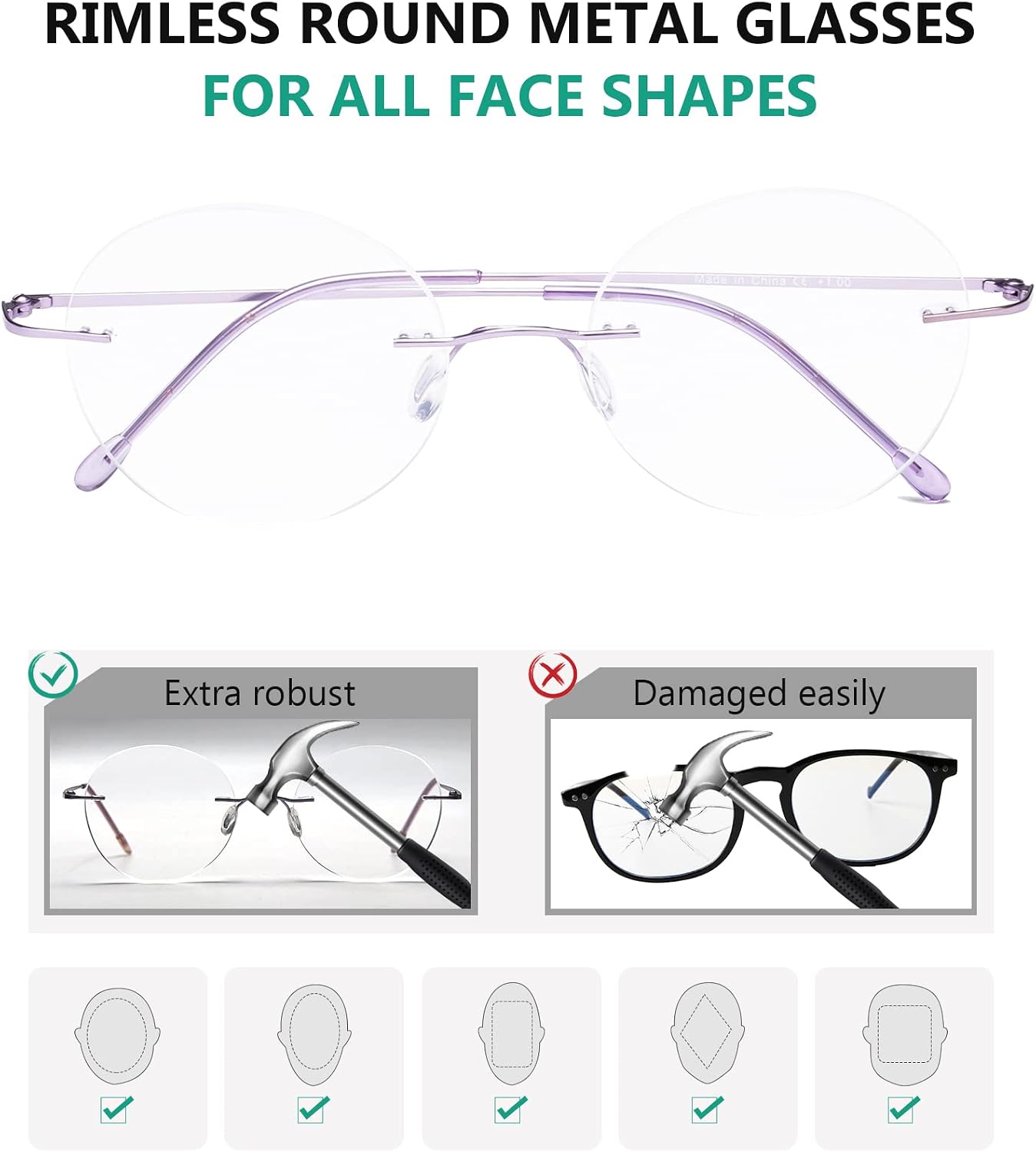 Eyekepper Frameless Reading Glasses Women - Round Rimless Readers Men Purple +2.25 - Image 5
