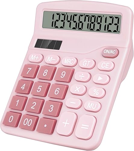 Calculadora de escritorio, botones grandes de calculadora rosa, pantalla LCD grande de 12 dígitos, batería solar y AA de doble potencia,