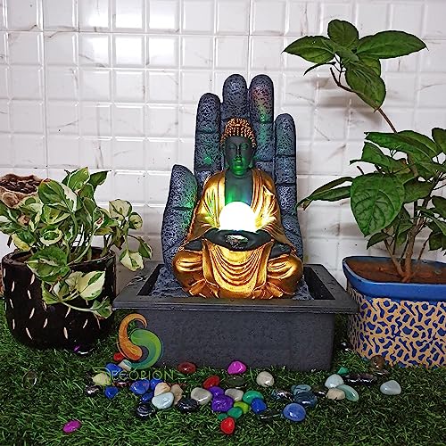 Image of Decorative Table Top Water Fountain for Home Decor /Office /Indoor & Outdoor /Garden /Puja Room /Vaastu with Multicolor LED Light and Adjustable Water Pump (Black-D-024)