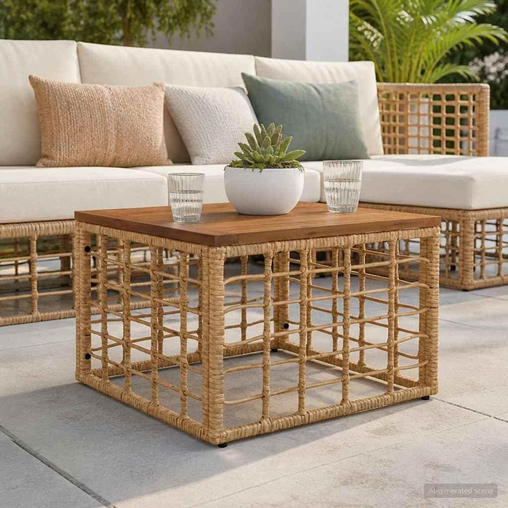 Table de jardin 55 x 55 x 37 cm PE rotin et verre naturel
