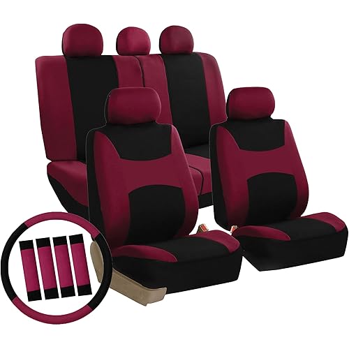 Automotive Seat Covers Burgundy Universal Fit Combo Set with Steering Wheel Cover and Seat Belt Pad for Cars, SUVs, and Trucks (Airbag Compatible and Split Bench) FH Group FB030BURGUNDY-COMBO