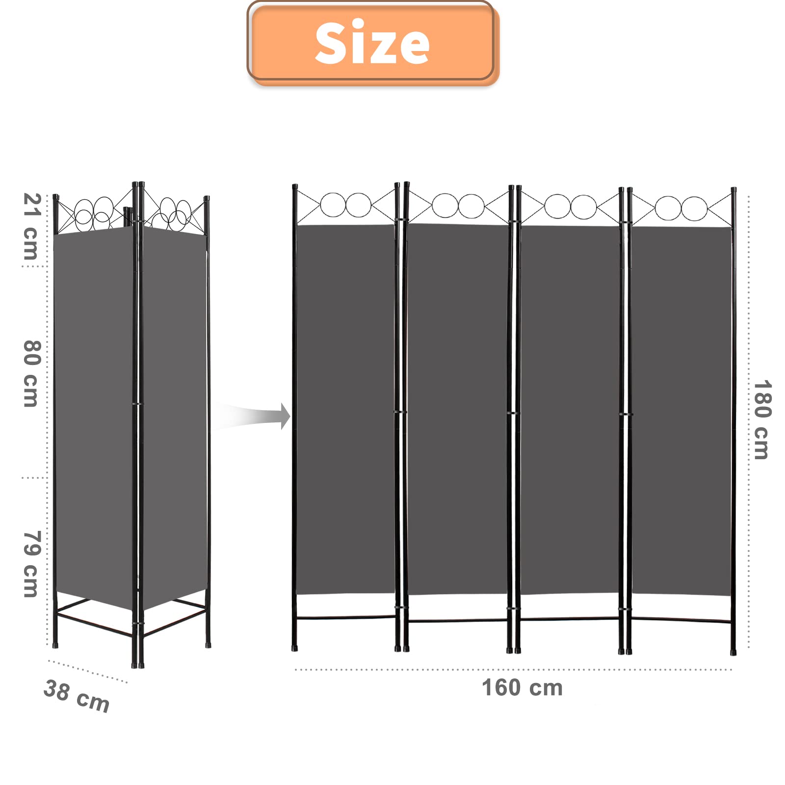 Todeco Paravent Interieur 4 Panneaux Séparateur de Pièce Pliable Gris | amovible et lavable, 160 x 180 cm paravent de confidentialité pour Bureau, Salle à Manger, Chambre, Maison