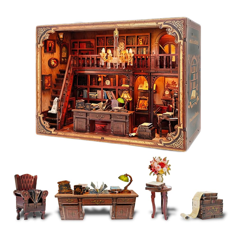 Set fai da te libreria in miniatura, modello di un archivio con rulli antichi, accessori per case delle bambole con illuminazione a LED, regalo di compleanno per familiari e amici