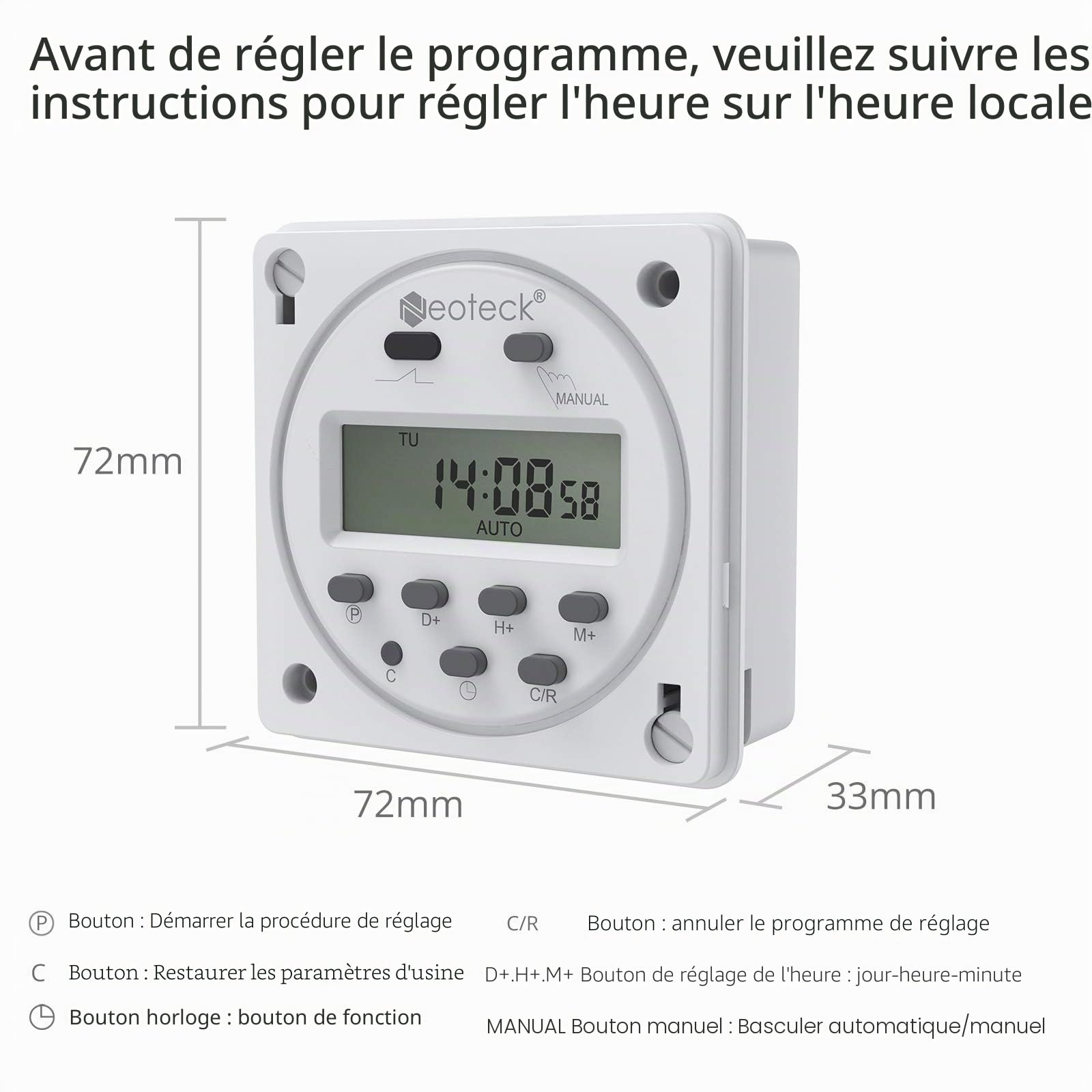 Neoteck 2pcs 12V 16A Prise Programmateur Digital à 16 Programmes Horloge Programmable Minuteur Prise Electrique LCD Affichage Numérique Antivol avec Boîtier Étanche/Ensemble de Borniers de Connexion