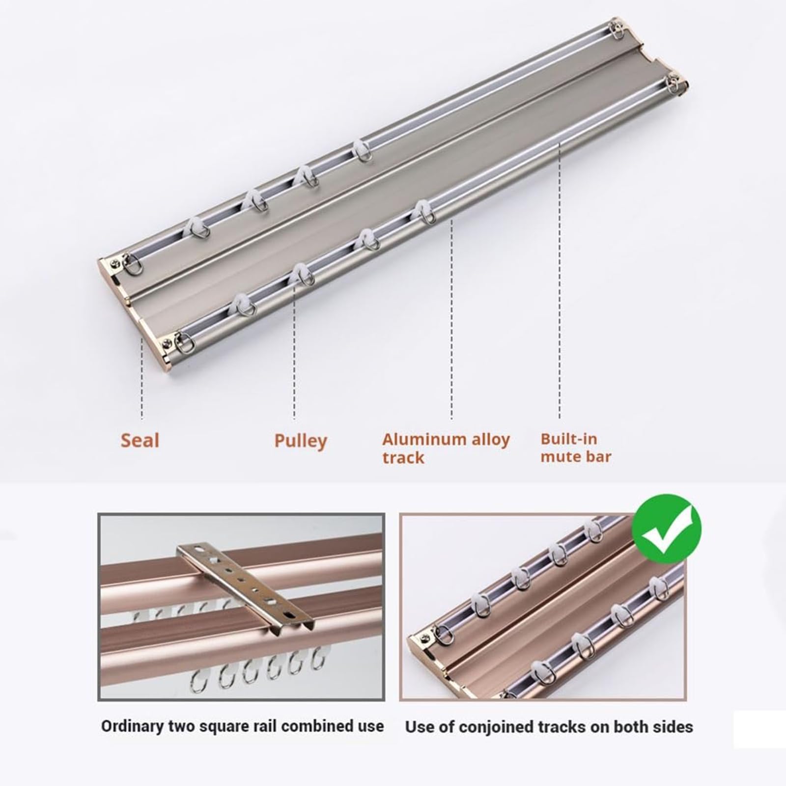 Système de rail à double rideau robuste en aluminium silencieux pour rideaux, idéal pour salon, chambre à coucher, séparateur de pièce, 260 cm de long