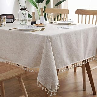 meioro Rectangle Linen Fabric Table Cloth 47x47 Inch - Dining Room Table Cover, Tassels - Easy Care, Farmhouse Kitchen Tablecloth Indoor Outdoor, All Season