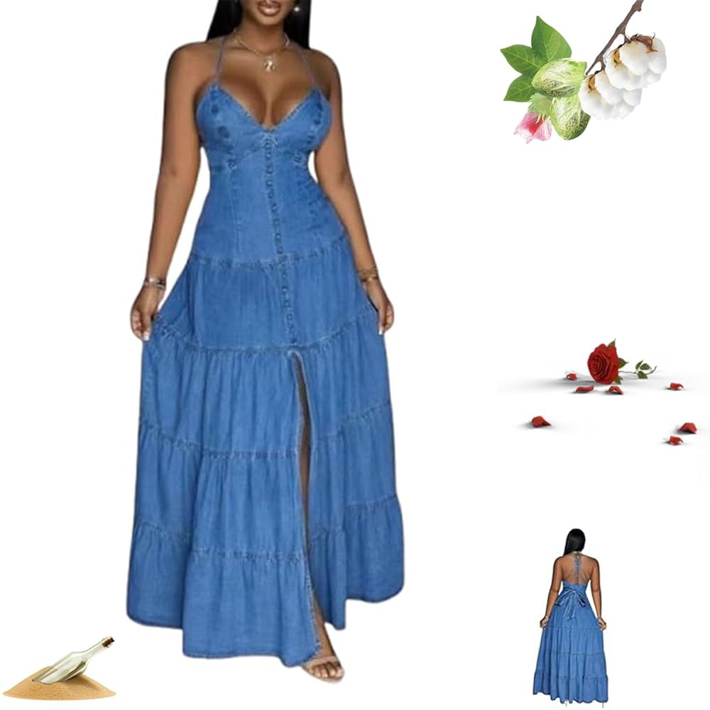 Women's Sexy Halterneck Sleeveless Denim Dress Long, Jean