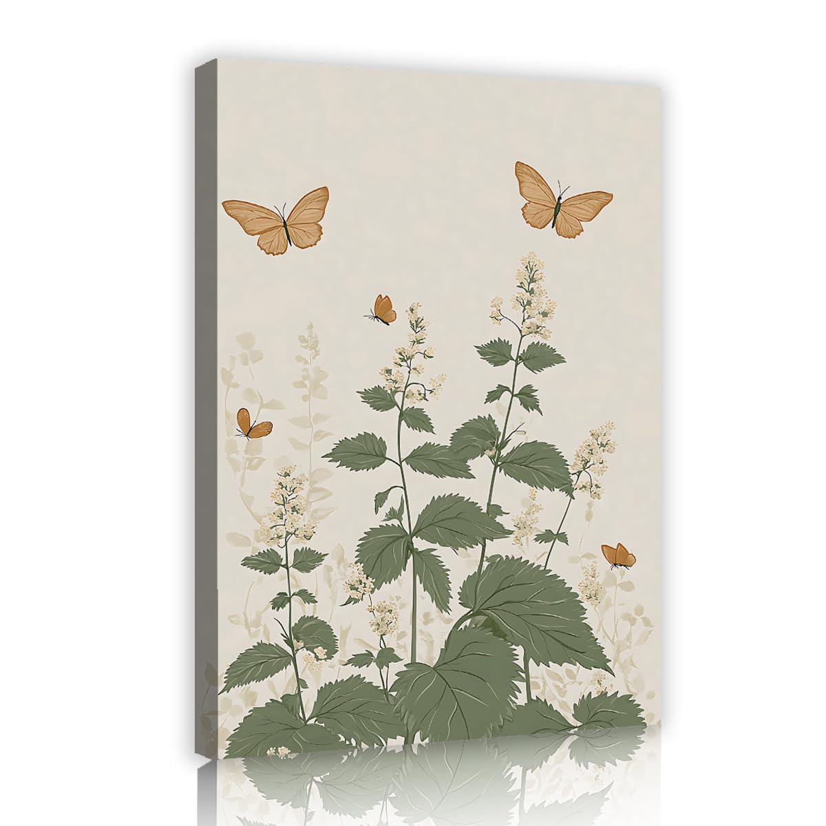 Via Vela Vintage Butterfly Framed Canvas Wall Art Cottagecore Botanical Herbal Greenery Picture Neutral Beige Aesthetic Nature Poster For Farmhouse Kitchen Bed 80x120cm