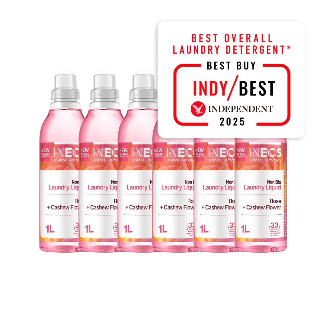 INEOSNext-Gen Non Bio Laundry Washing Liquid Detergent, 198 Washes (6 x 1L), High Performance Stain Remover For Clothes, Plant Powered, For Sensitive Skin, Rose + Cashew Flower, Packaging May Vary