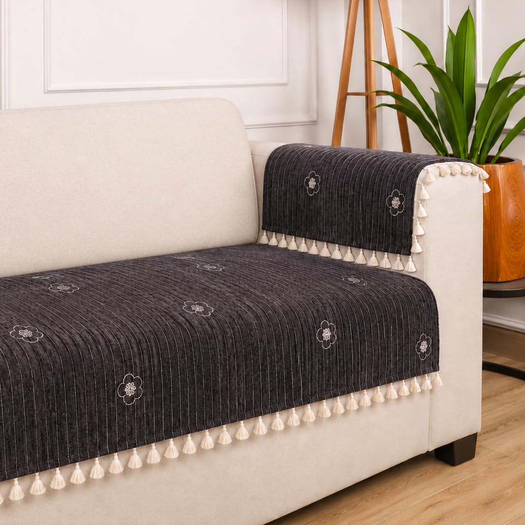 STITCHNEST Woven Fabric Sofa Cover 3 Seater with 2 Hand Rest Covers – Washable Black Sofa Cover with Tassels – Durable Premium Fabric – Stylish Sofa Protector for Living Room & Furniture Decor12