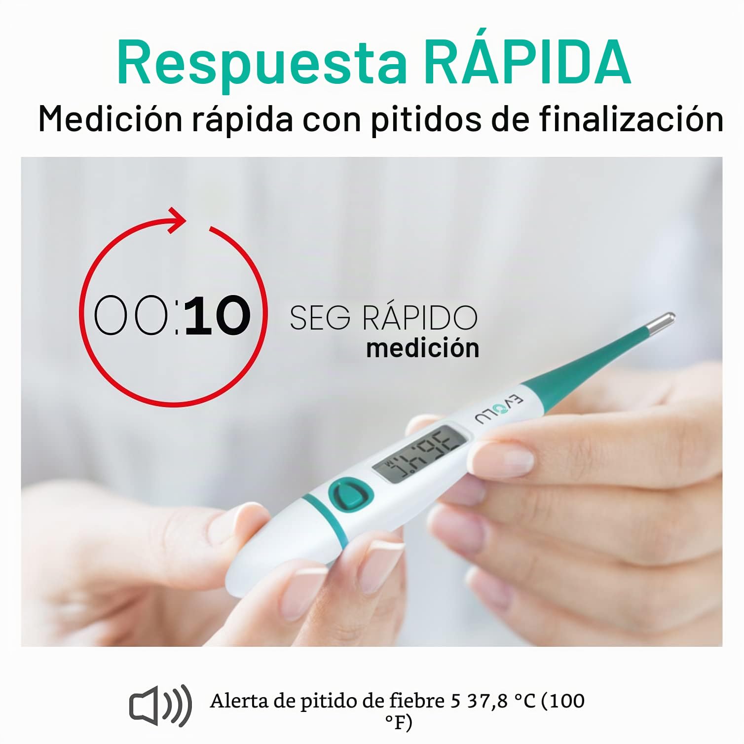 Evolu Termómetro digital - Mide la temperatura oral, rectal o axilar en 10 segundos - Punta flexible - Para bebés, niños, adultos - Exactitud hasta 0,1°C Pantalla de fácil lectura con funda