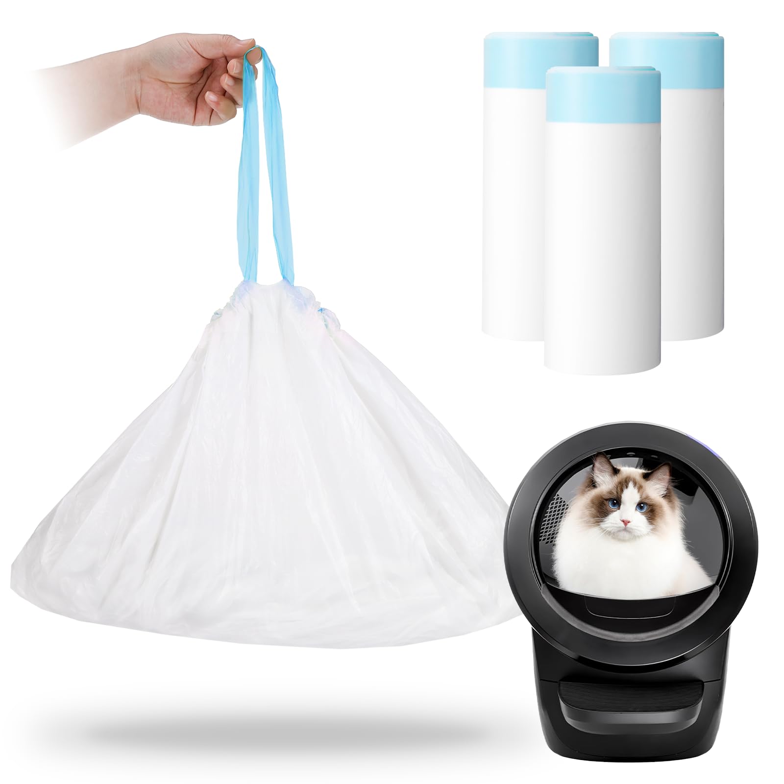 60 bolsas de arena para gatos autolimpiables compatibles con Litter-Robot 3/4, bolsas de arena de repuesto para gatos de alta resistencia con cordón grueso para arena robot 3/4, bolsas de caja de