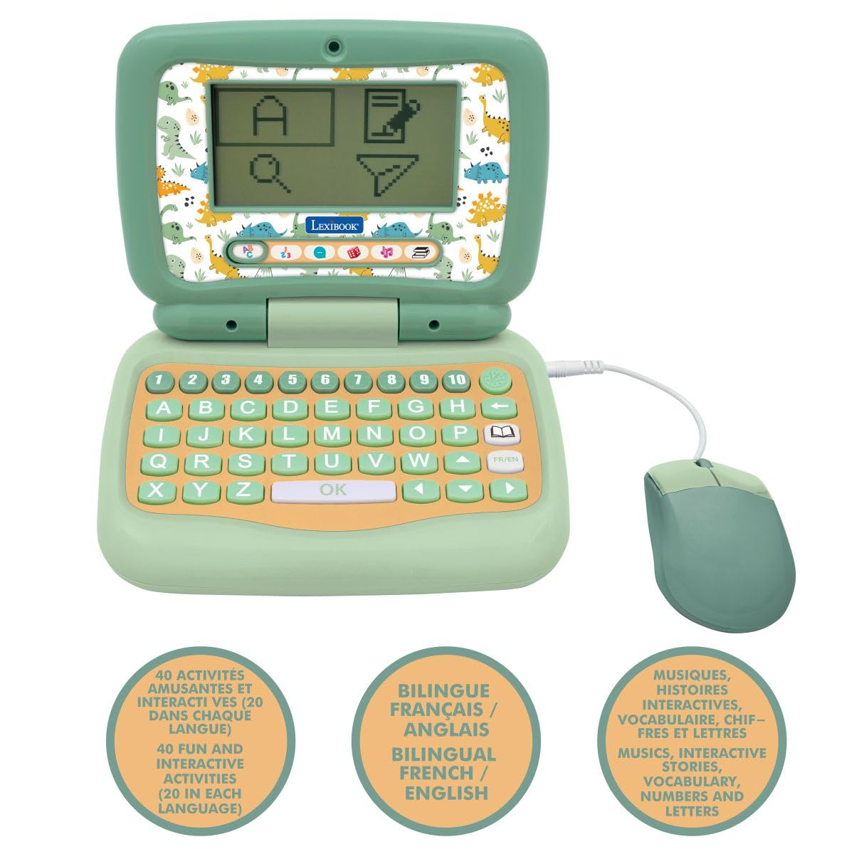 Lexibook, Computer portatile educativo bilingue Inglese/Francese Dinosauro, 40 attività educative, JC398DINOi1LXB