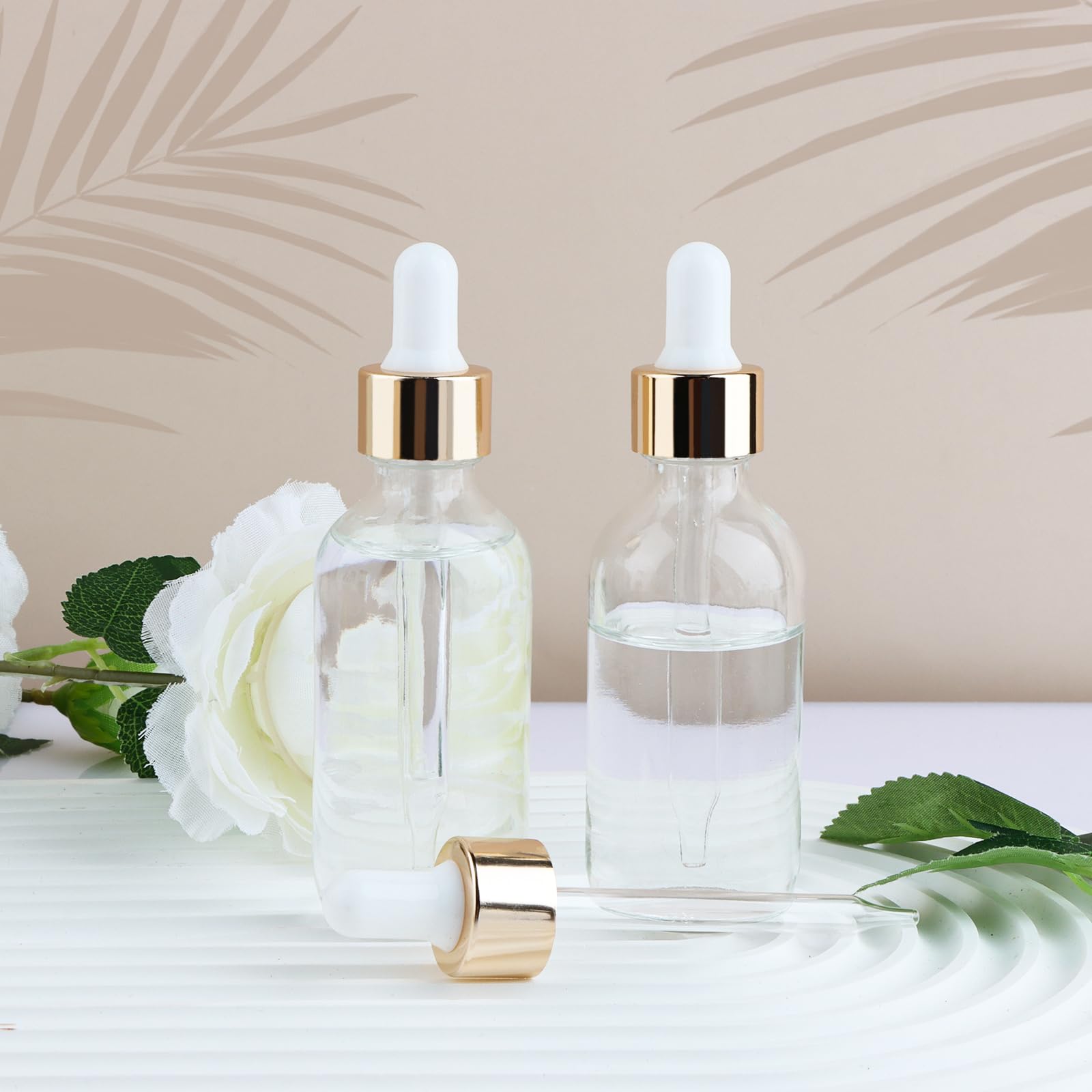 Lot de 24 flacons en verre transparent de 60 ml avec compte-gouttes dorés pour huiles essentielles, parfums et produits chimiques de laboratoire (brosse, entonnoirs, 2 compte-gouttes