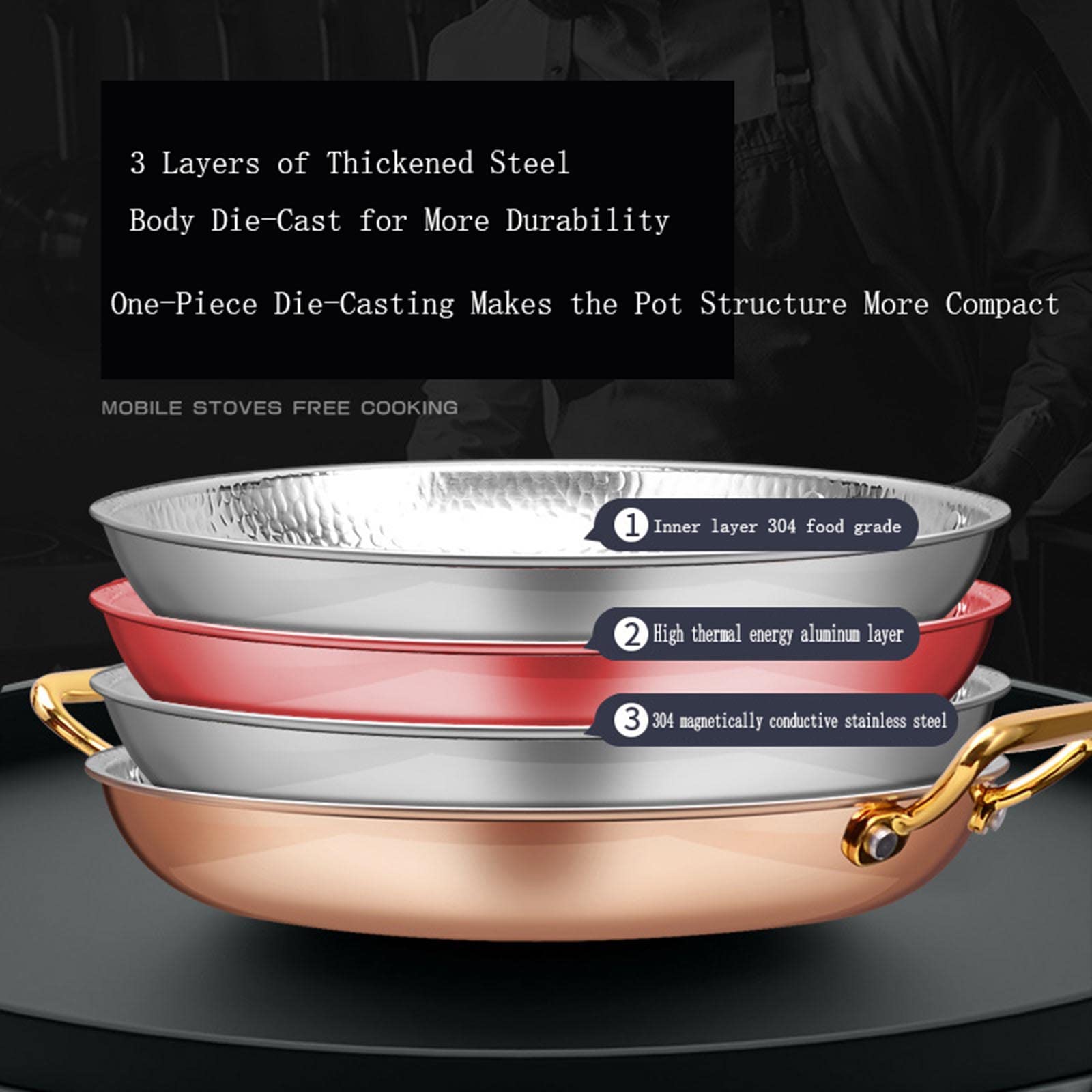 Spanische Paella-Pfanne aus Edelstahl 304, handgehämmerte Meeresfrüchte-Kochpfanne, Kochgeschirr mit Zwei Griffen für Zuhause, Restaurant, Camping, Outdoor (Rose Gold,22cm)