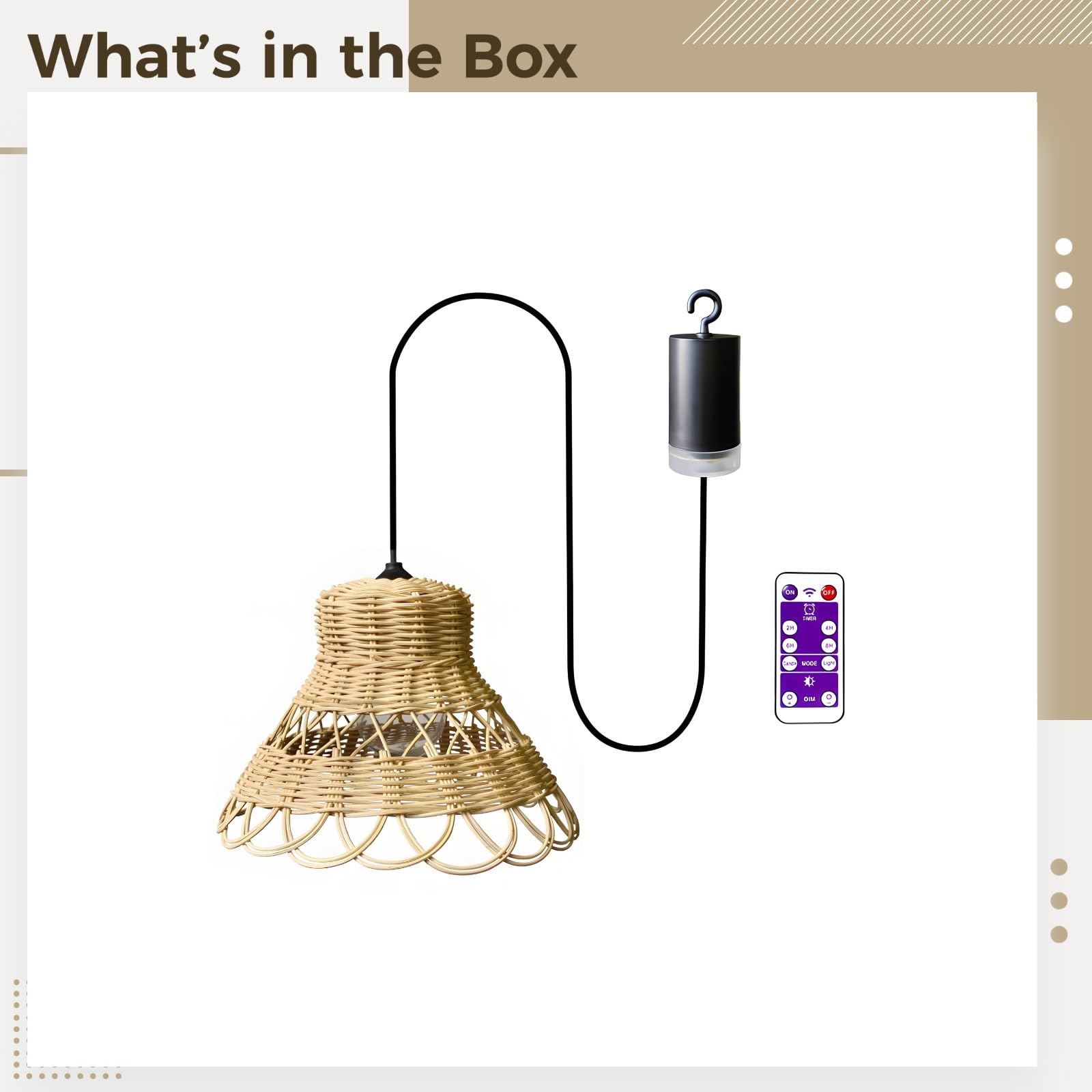 Bohema tkana lampa zewnętrzna z pilotem, zasilana bateriami, rattanowa lampa wisząca, bezprzewodowa lampa wisząca na patio, do salonu, werandy