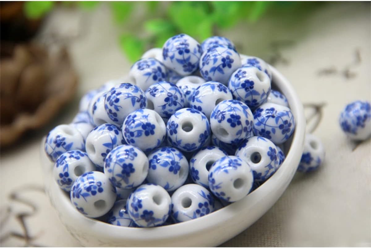 Queenbox 12mm 100pcs Printed Blue White Porcelain Beads, Chinese Floral Round Ceramic Loose Bead for DIY Craft Jewelry Making