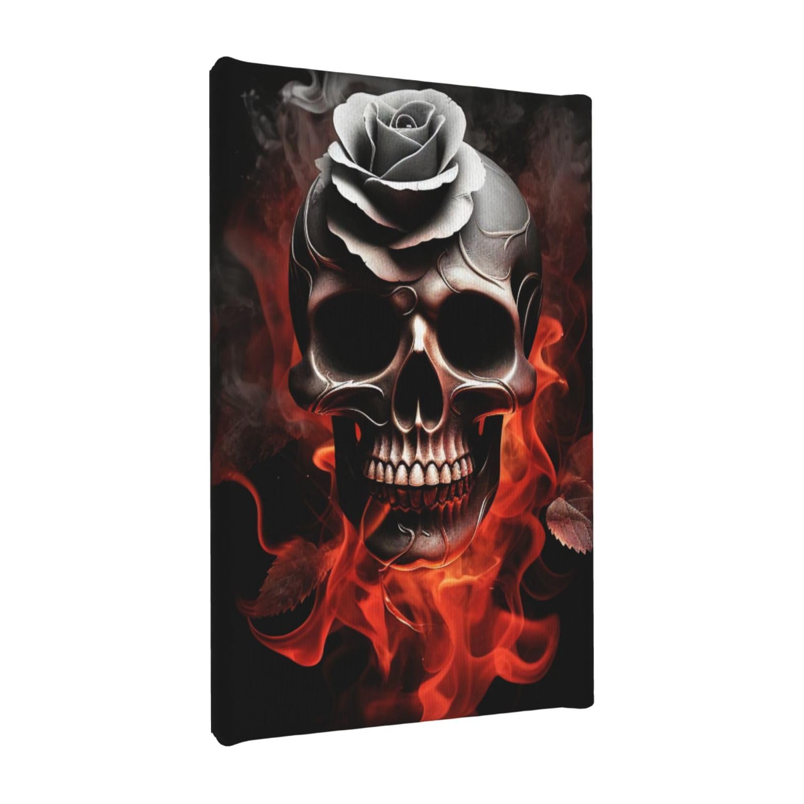YKLJG Fire Skull Rose Printed Wall Art Canvas Painting 20x30 CM Wooden Framed Picture Painting Artwork Prints for Bedroom Kitchen Home Office Decor