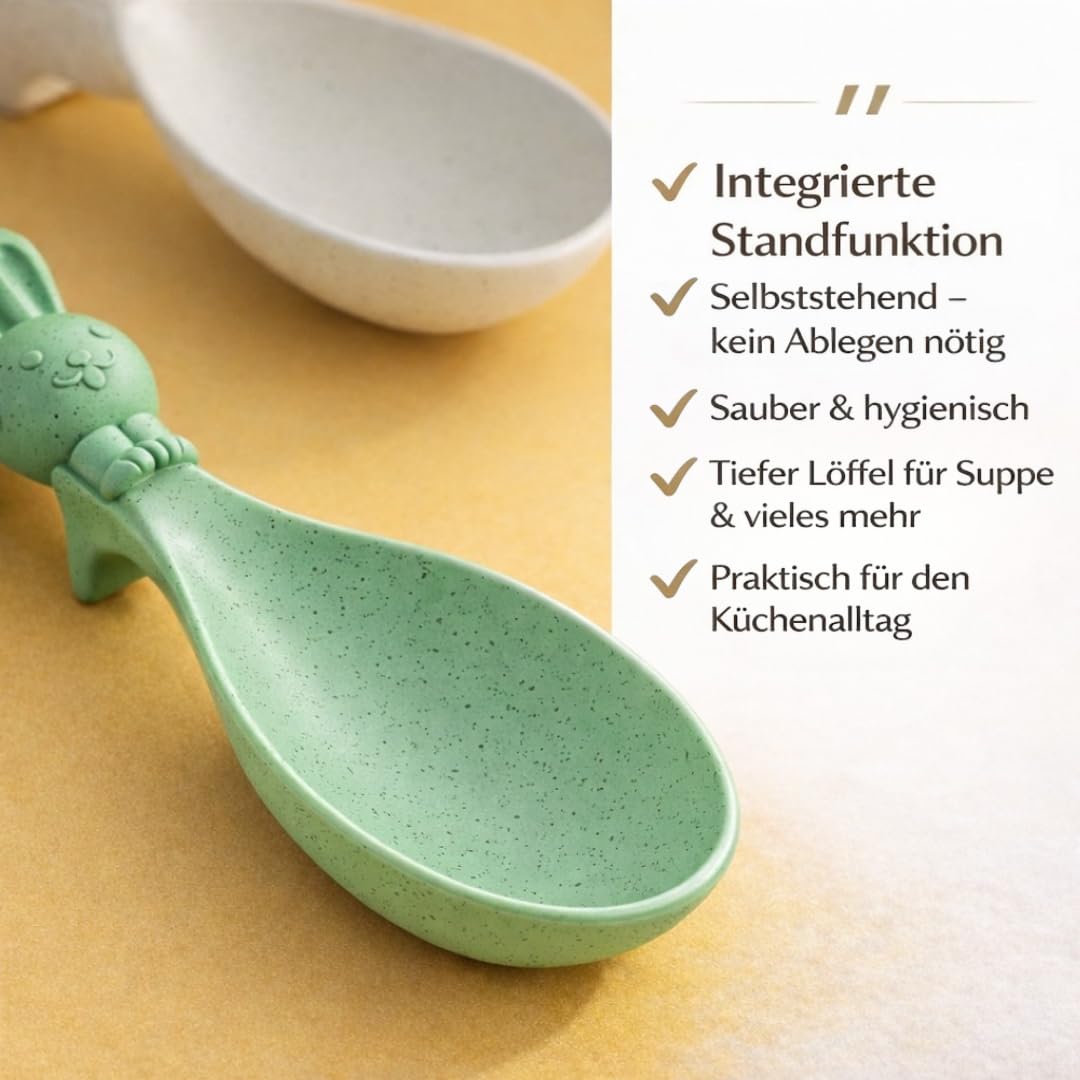 Hasen Reislöffel Set 2er – Niedliche Küchenlöffel aus Kunststoff – Standlöffel mit Ablagefuß – Löffel für Reis, Pfanne & Topf – Creme & Pastellgrün – BOAA Fresh