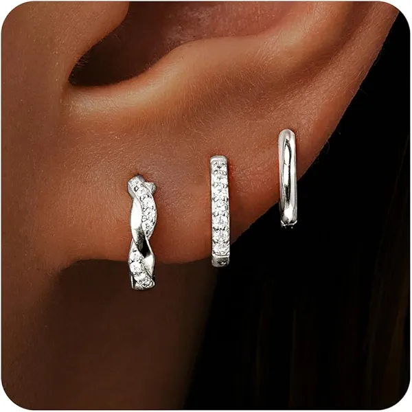 Inerney Gold Huggie Hoop Earrings Set for Women, Dainty Small Sterling Silver Earring Stacks Hypoallergenic Jewelry for Multiple Piercings, Trendy Twisted Cute Cartilage Hoops Birthstone Gift 3 Pairs