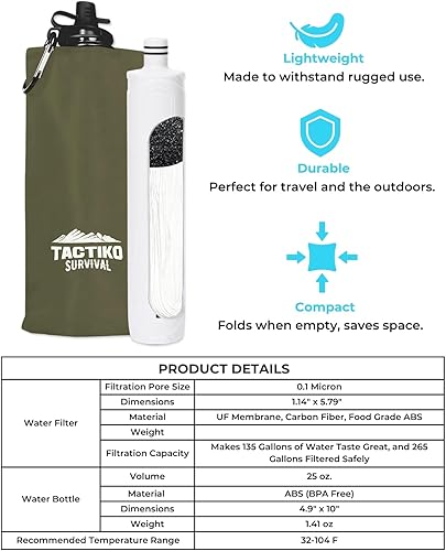 Miniatura 9 de Tactiko - Botella de agua purificadora de 25 onzas, membrana UF, filtro de carbón activado de 265 galones, bebida de ríos, arroyos, popote de filtro