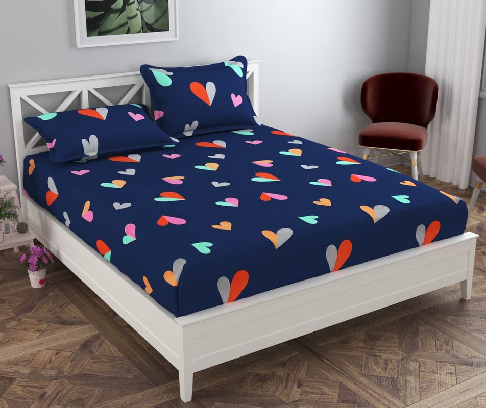 YFH Creative Home Premium Cotton Elastic Fitted Bedsheets with 2 King Size Pillow Covers | Double Bed with All Around Elastic 180 TC Supersoft/Breathable| Size-78X72+10 inches| Printed-Blue Red