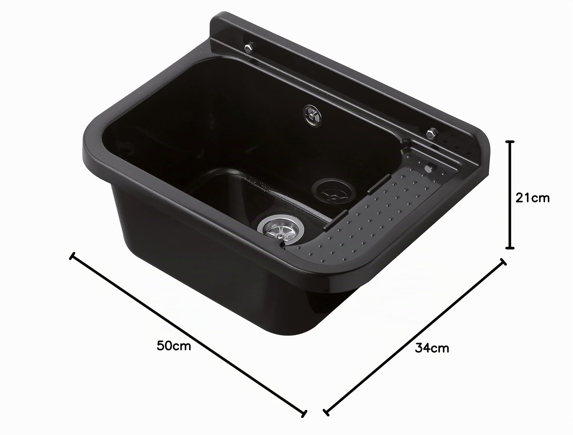 Negrari Évier mural en résine, résistant à l'humidité, kit de fixation et kit d'échappement inclus, intérieur et extérieur, 50 L x 34 x 21 H, noir pailleté