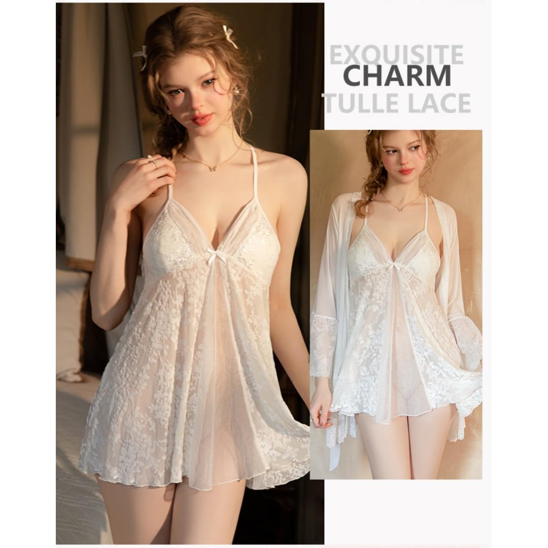 Bata Mujer Verano Camisón/Bata De Tirantes Push-Up De Malla Flocada Transparente Y Sexy con Almohadillas De Sujetador Extraíbles.