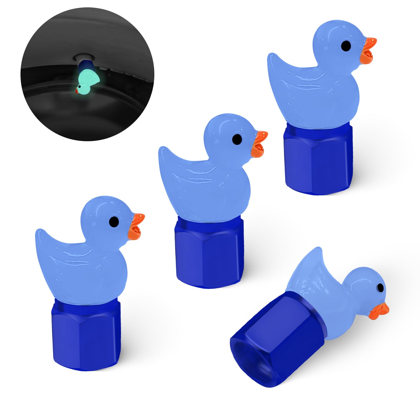 Tire Valve Stem Cap, 4 pcs Glow-in-The-Dark Cute Duckling Tire Valve Cap, Universal for Cars, Motorcycles, Trucks, and Bicycles.(Blue)