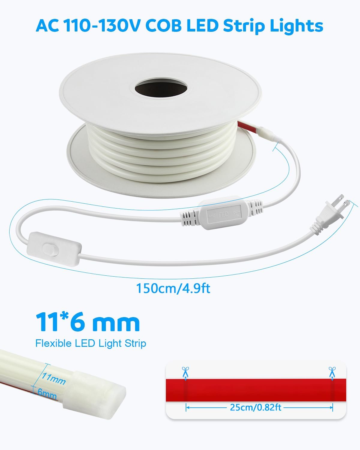 Aclorol 50ft AC 110V COB LED Strip Lights Outdoor Waterproof IP67 Warm White 3000K Rope Lights for Outside with ON/Off Switch Fleixible and Cuttable for Bedroom Backyard Patio Commercial Decoration