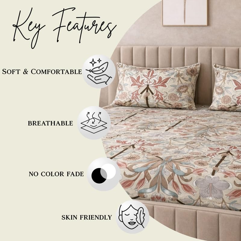 Image of THEA King Elastic Fitted Double Bedsheet Set| 180 TC Cloud Soft Cotton Touch| 1 King Elastic Double Bedsheet for King Size Bed (72 X 78 x 10 inches) with 2 Pillow Covers,Blush Symphony