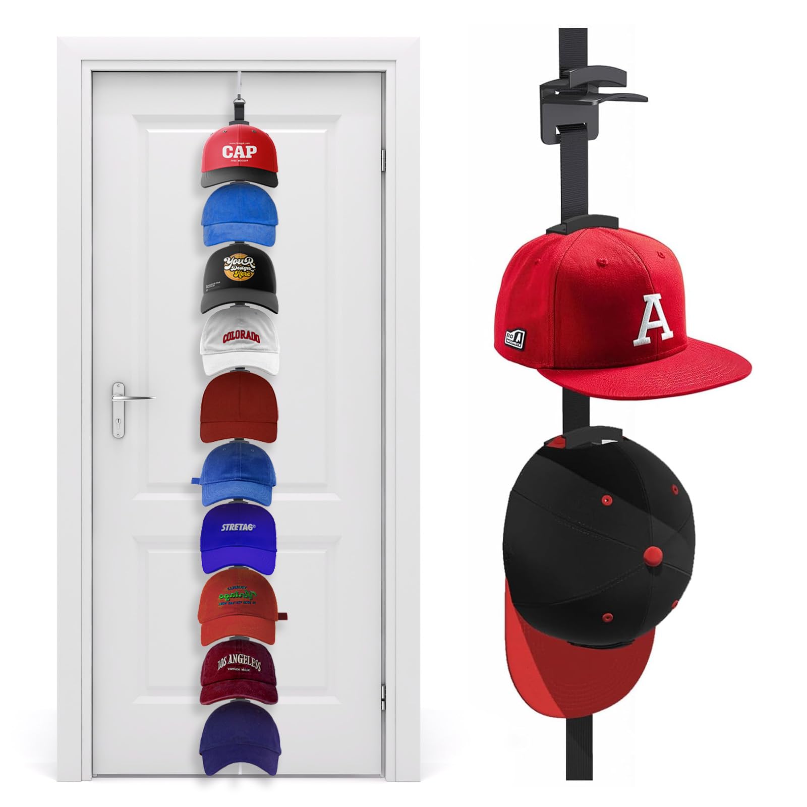 YANLIFY Hat Organizer for Baseball Caps, Over the Door Hat Rack with 10 Display Hooks and Hanger, 2-Way Hanging Hat Storage and Hat Holder for Bedroom