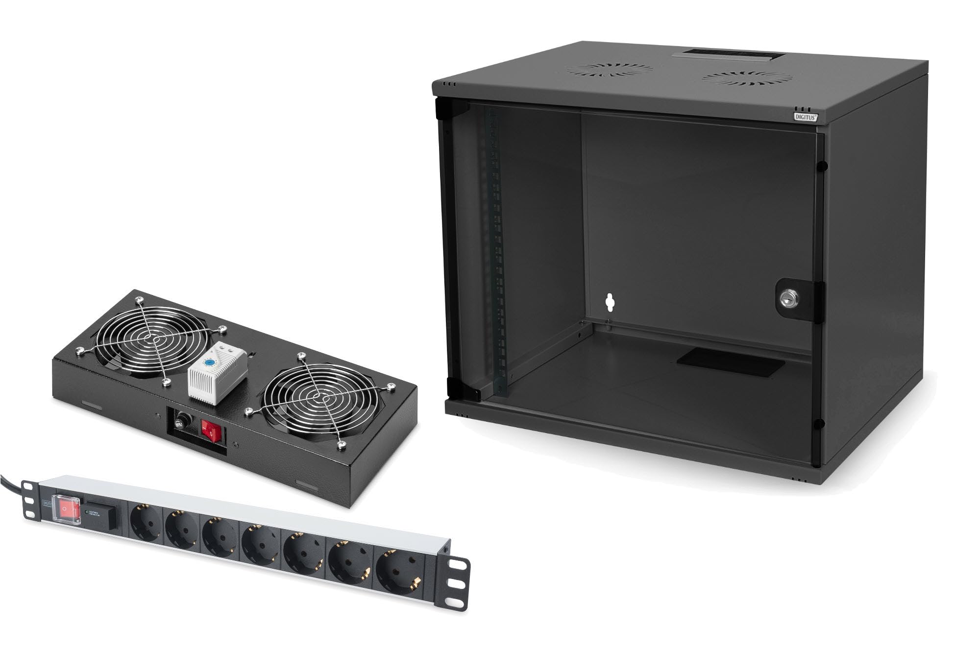 DIGITUS Set: Armoire réseau 19" 7U + ventilateur de toit + bloc multiprise 7 ports // Rack 19 pouces - Non monté - Montage mural - Profondeur 400 mm - Charge 60 kg - Profondeur utile 170-270 mm - Noir