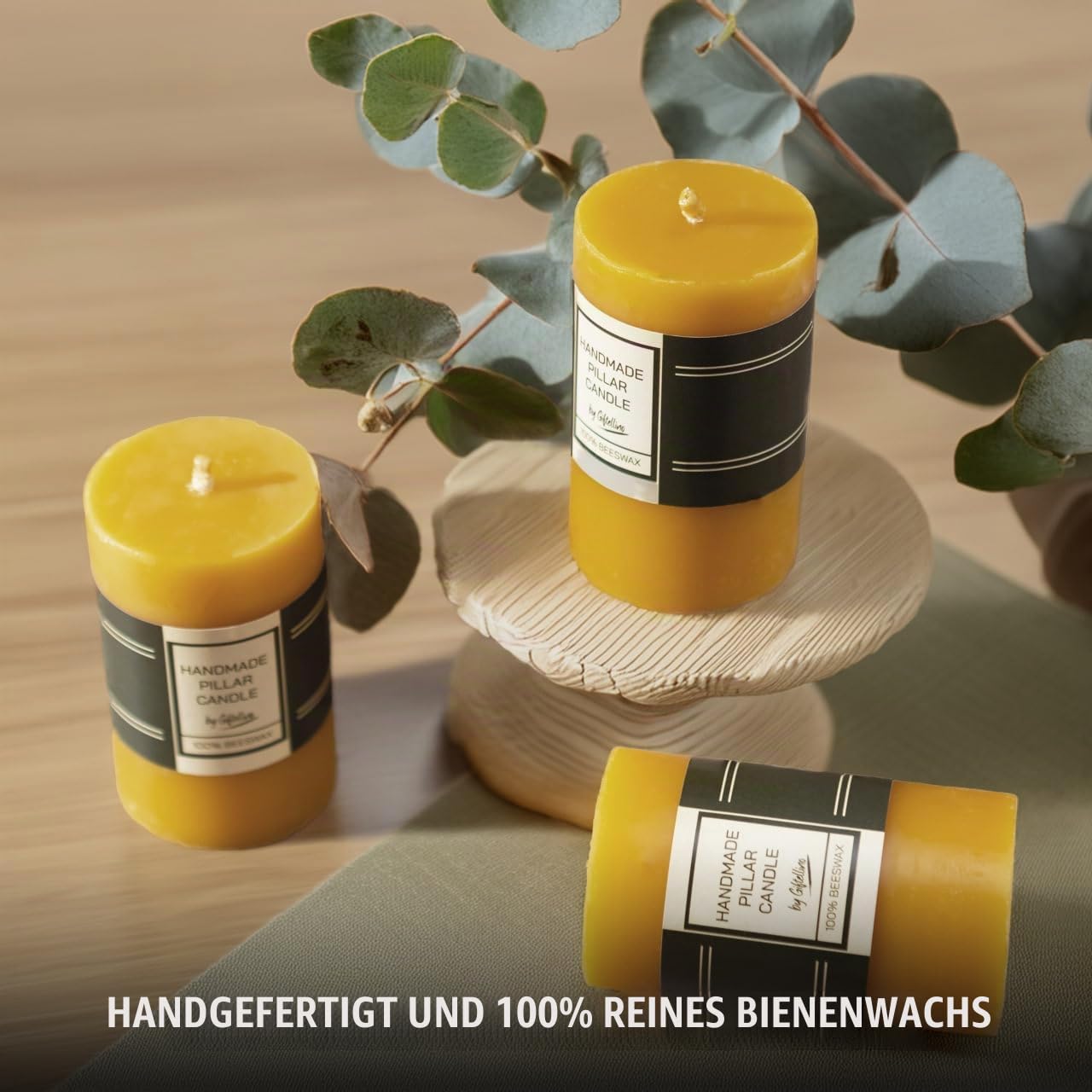 3er-Set Natürliche Bienenwachs-Säulenkerzen – Handgefertigt & Duftfrei – Baumwoll-Docht für Sauberes Abbrennen – 21 Stunden Brenndauer pro Kerze – Beeswax Pillar Candles Set