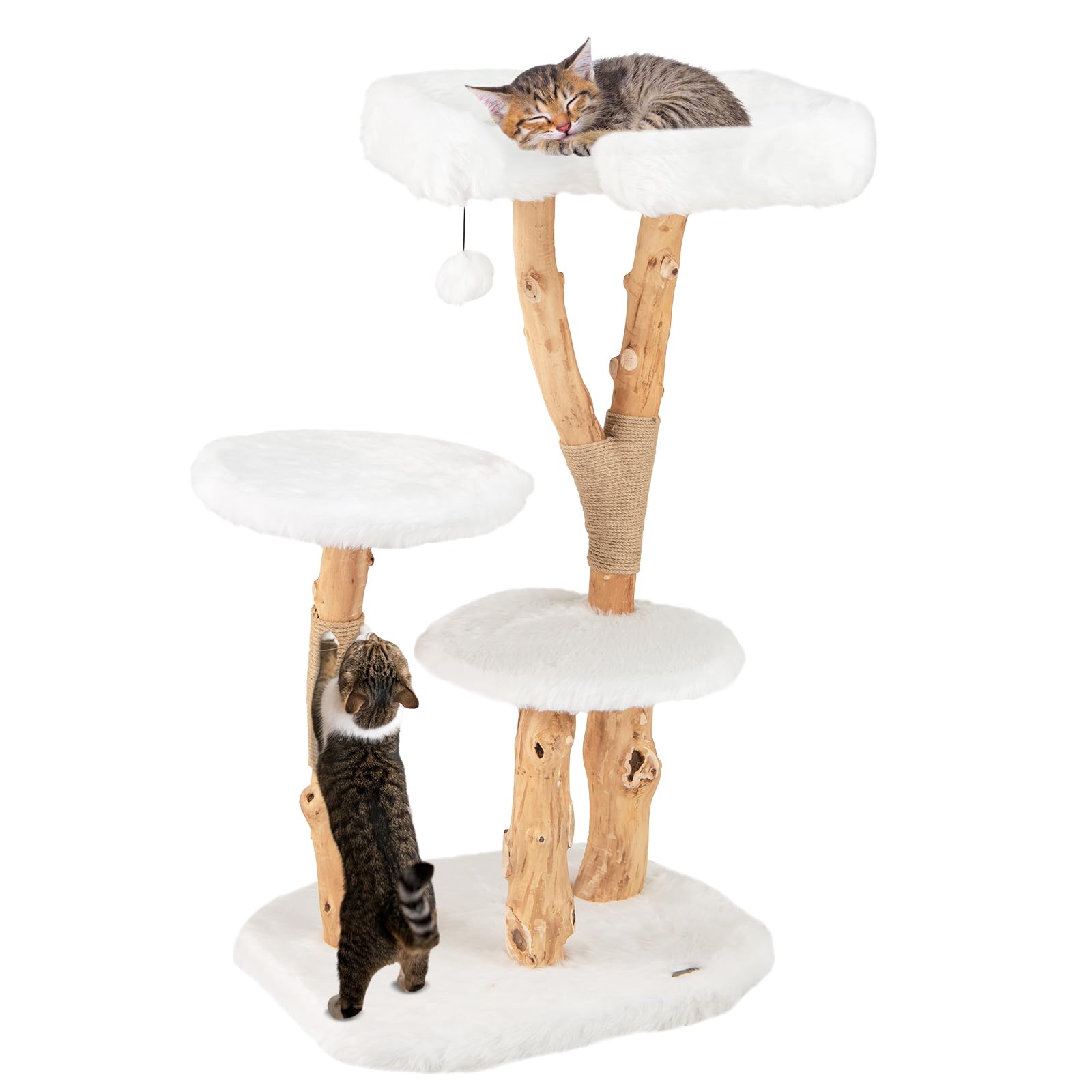 SOARS Rascador de Madera Maciza para Gatos, Árbol para Gatos con 3 Troncos de Peral natural, Cueva para Gatos, cama para gatos, rascador para gatos con pelota de juego, cuerda de yute, 59 x 49 x 110cm