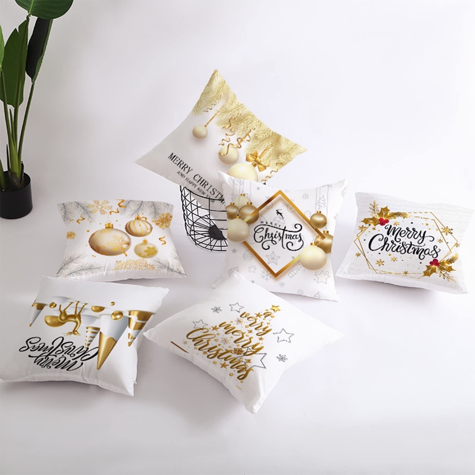 AMDXD Juego de 4 fundas de cojín navideñas de 50 x 50 cm, fundas de cojín decorativas con diseño de árbol de Navidad, estrellas, en poliéster, para sofá, dormitorio, decoración, negro, dorado, blanco,