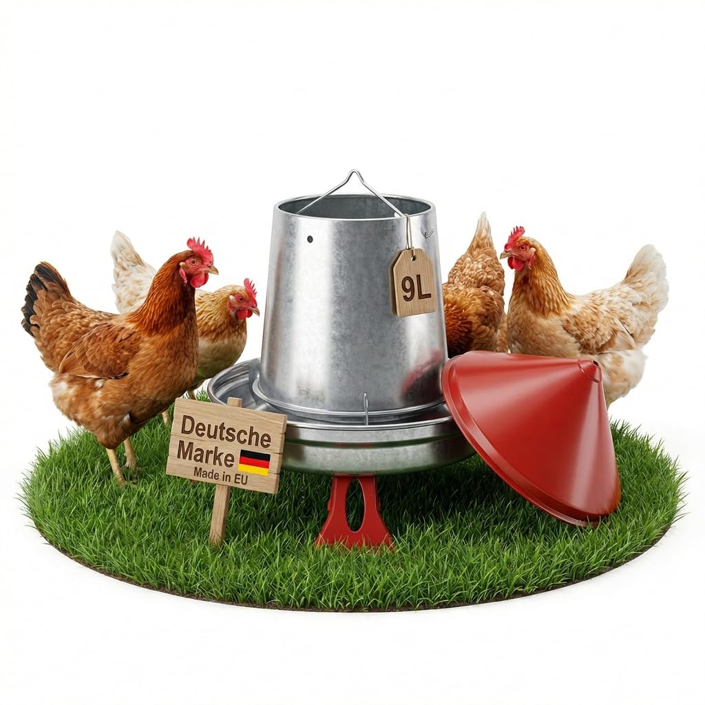 Comedero automático para pollos, 9 L, metal galvanizado, dosificación ajustable con tapa, dispensador de alimentos para gallinas, accesorios con patas y suspensión, limpio y económico
