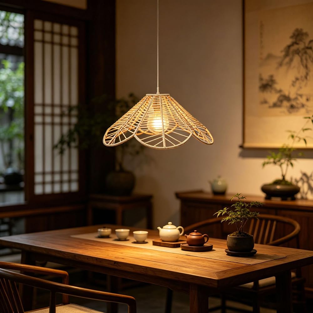 XQIDIANAA Boho Rattan Pendant Light, Hand Woven Hanging Lamp for Kitchen Island, Hand Woven Rattan Shade with Adjustable Cord Creates Warm Lighting for Kitchen Islands Dining Rooms & Entryways