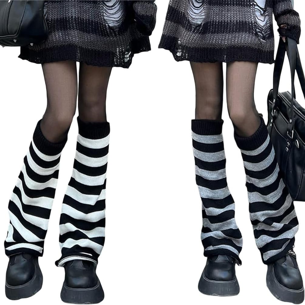 Youlike Women's A.stripe 2 Pairs Knitted Long Leg Warmers For Girls - Winter Boot Cuffs Warm Knee Warmers - Thermal Legwarmers Punk Knee High Stockings Boots Cuff Warmer (A.stripe)