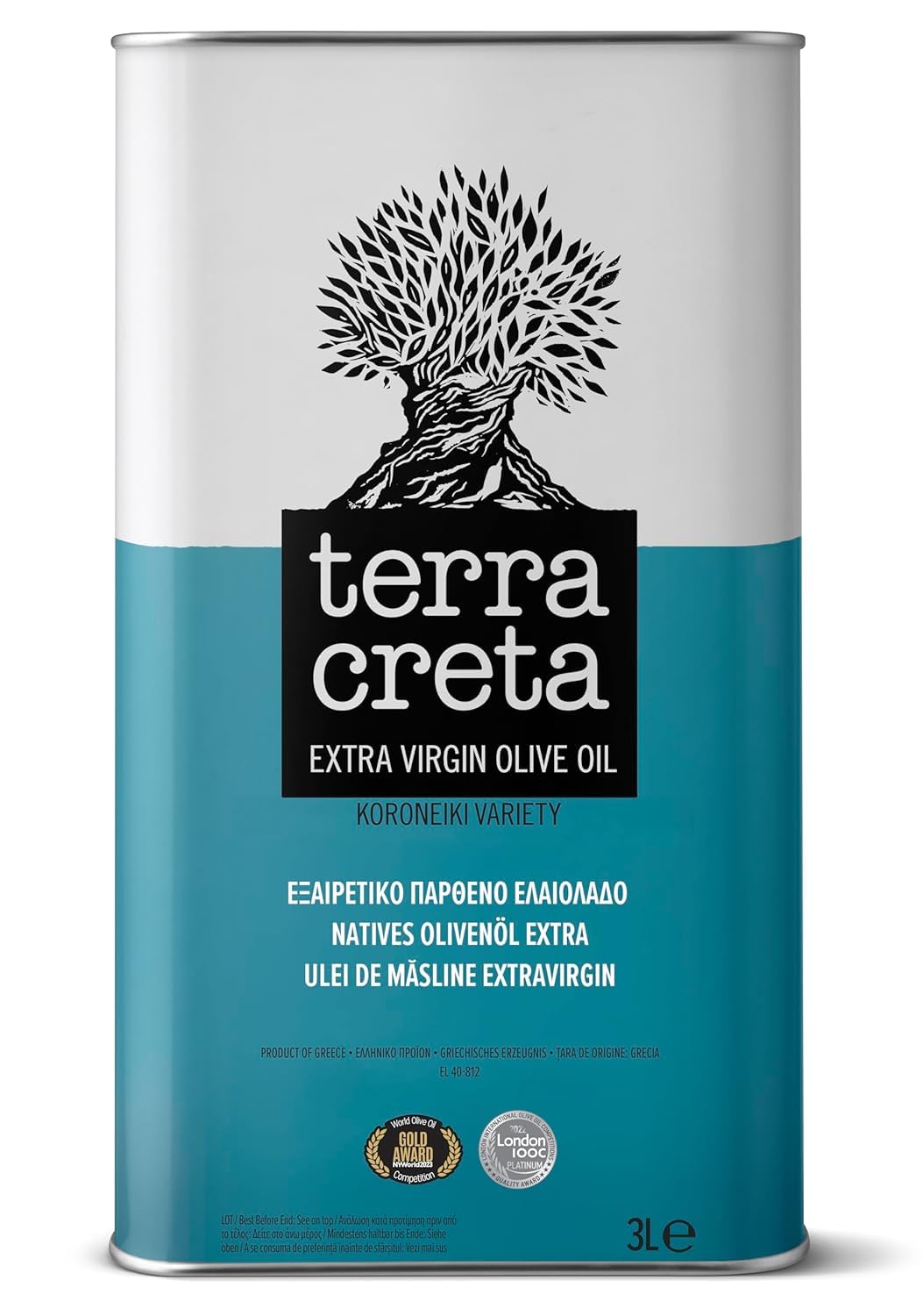 Terra Creta, 100% Koroneiki Variety, Estate Greek Extra Virgin Olive Oil, 3 Ltr (101 Fl.oz) Tin