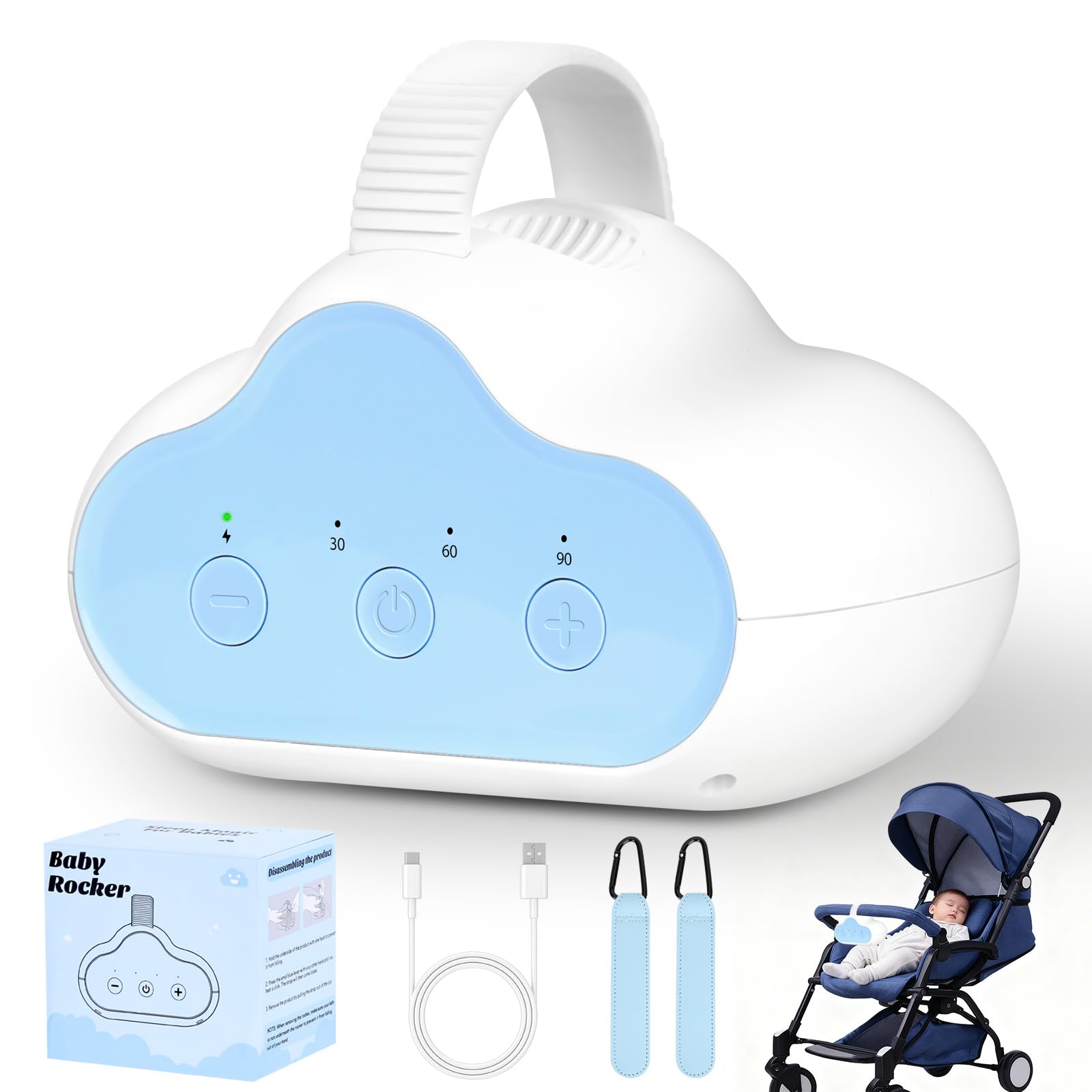 Columpio para Cochecito de Bebé Automático, Baby Rocker Recargable, 3 Niveles De Intensidad, Temporizador De 30/60/90 Minutos, Equipado con 2 Ganchos, Universal para Cochecitos y Sillas