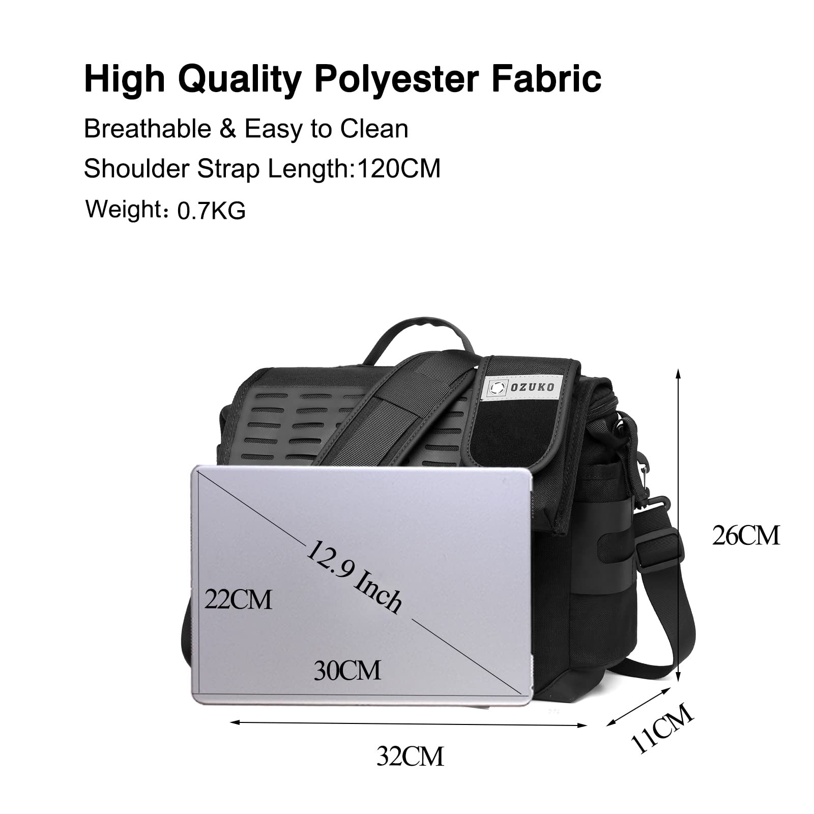 FANDARE Umhängetasche Herren Arbeitstasche Aktentasche Tragetasche Junge Schultertasche Männer Laptoptasche für 12.9 Zoll mit Multi-Tasche für Reise Schule Hochschule Arbeit Schulranzen Schwarz