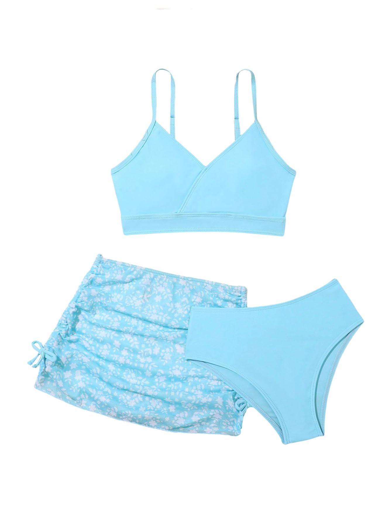 OYOANGLE Girl's 3 Piece Bikini Sets Spaghetti Strap High Waist Swimsuits with Ruched Cover Up Skirt Blue 10Y