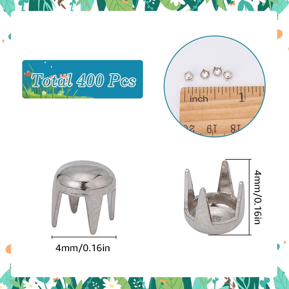 SUNNYCLUE 1 Box 400Pcs Rivet Dome Studs Round Clothing Studs 4mm Brass Platinum Four Claw Head Spike Prong Spots Mushroom Rivets Nailheads for Leather Craft Clothes Belt Bag Shoes DIY Accessories