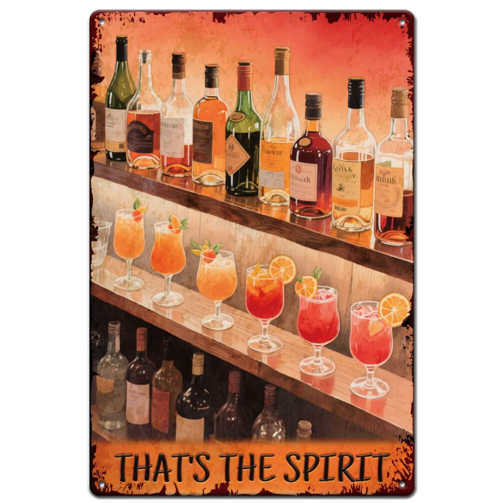 SUPERDANT Cocktail Tin Signs That's The Spirit Retro Metal Sign Wine Drink Vintage Wall Art Cocktail Funny Poster Party Bar Decor Metal Plaques for Living Room Cafes Bars Pub Man Cave
